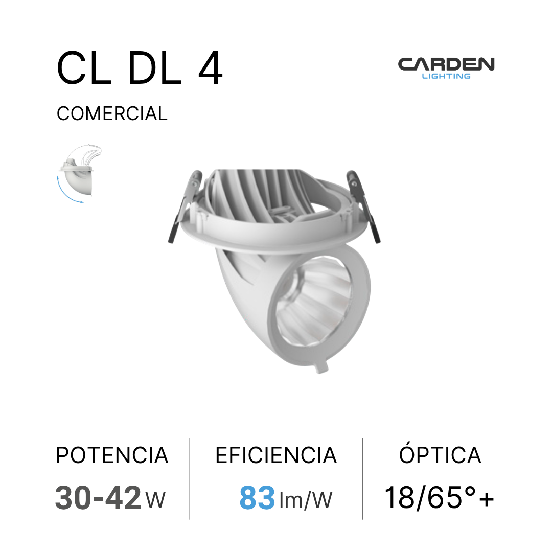 Información técnica de una luminaria llamada CL DL 4 de la marca Carden Lighting, que incluye una imagen del producto, datos de potencia de 30 a 42 vatios, eficiencia de 83 lúmenes por vatio y óptica de 18 a 65 grados.