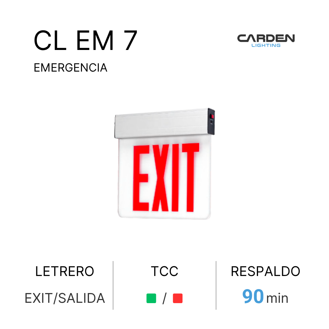 Se muestra un cartel de salida de emergencia con la palabra 'EXIT' en letras rojas y un cuadro blanco con varilla gris en la parte superior. Hay un símbolo de advertencia en la esquina superior derecha del cuadro. En el texto adicional, se indica que es un letrero TCC, con luz verde y roja, y que tiene un respaldo de 90 minutos.