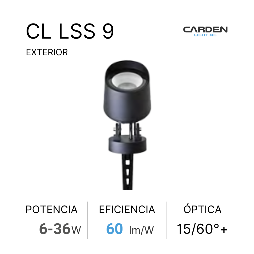 Imagen de una luminaria exterior de la marca Carden Lighting, modelo CL LSS 9, con información técnica sobre potencia, eficiencia y óptica