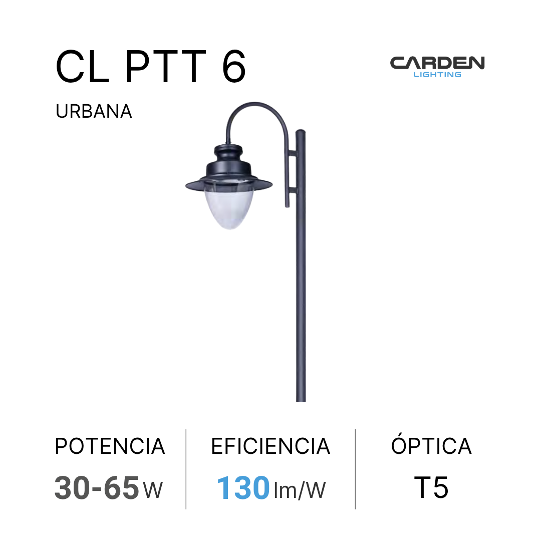 Lámpara urbana de calle, estilo clásico, color negro, con foco de vidrio, en poste de luz negra.