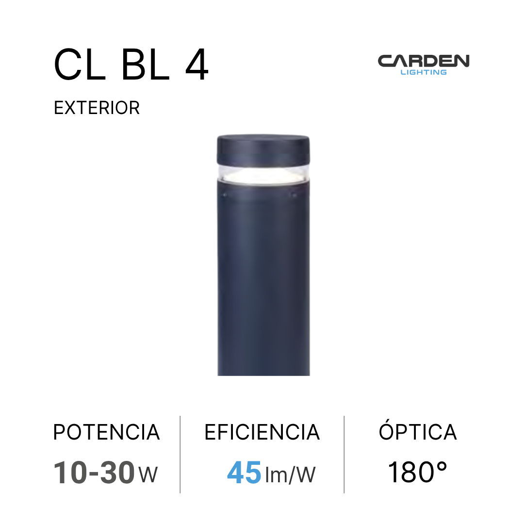 Foco de iluminación exterior de color negro con especificaciones técnicas. Marca Carden Lighting, modelo CL BL 4, potencia de 10-30W, eficacia de 45 lúmenes por vatio, óptica de 180 grados.