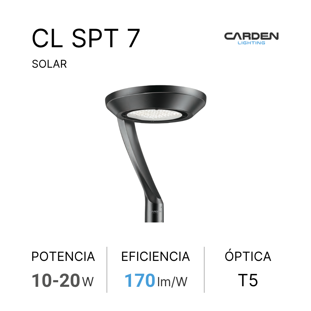 Luminaria solar punta poste LED Carden CL SPT con panel solar integrado para parques, plazas y áreas peatonales. Duración garantizada toda la noche. Sin canalización, cableado ni electricidad.