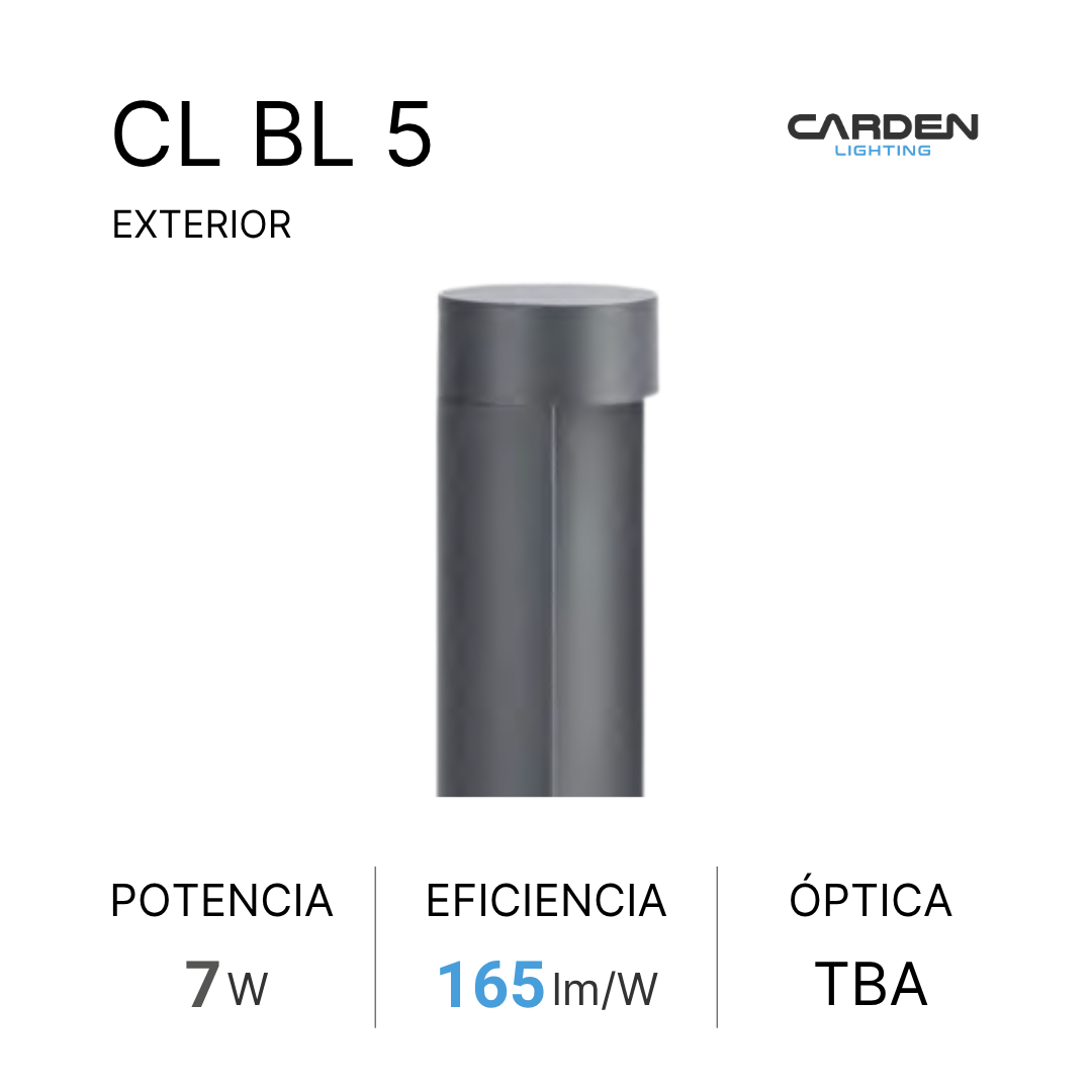 Imagen de una luminaria exterior de color gris oscuro, con texto que indica el modelo CL BL 5, con datos de potencia de 7W, eficiencia de 165 lúmenes por watt, y sin información sobre la óptica. La marca es Carden Lighting.