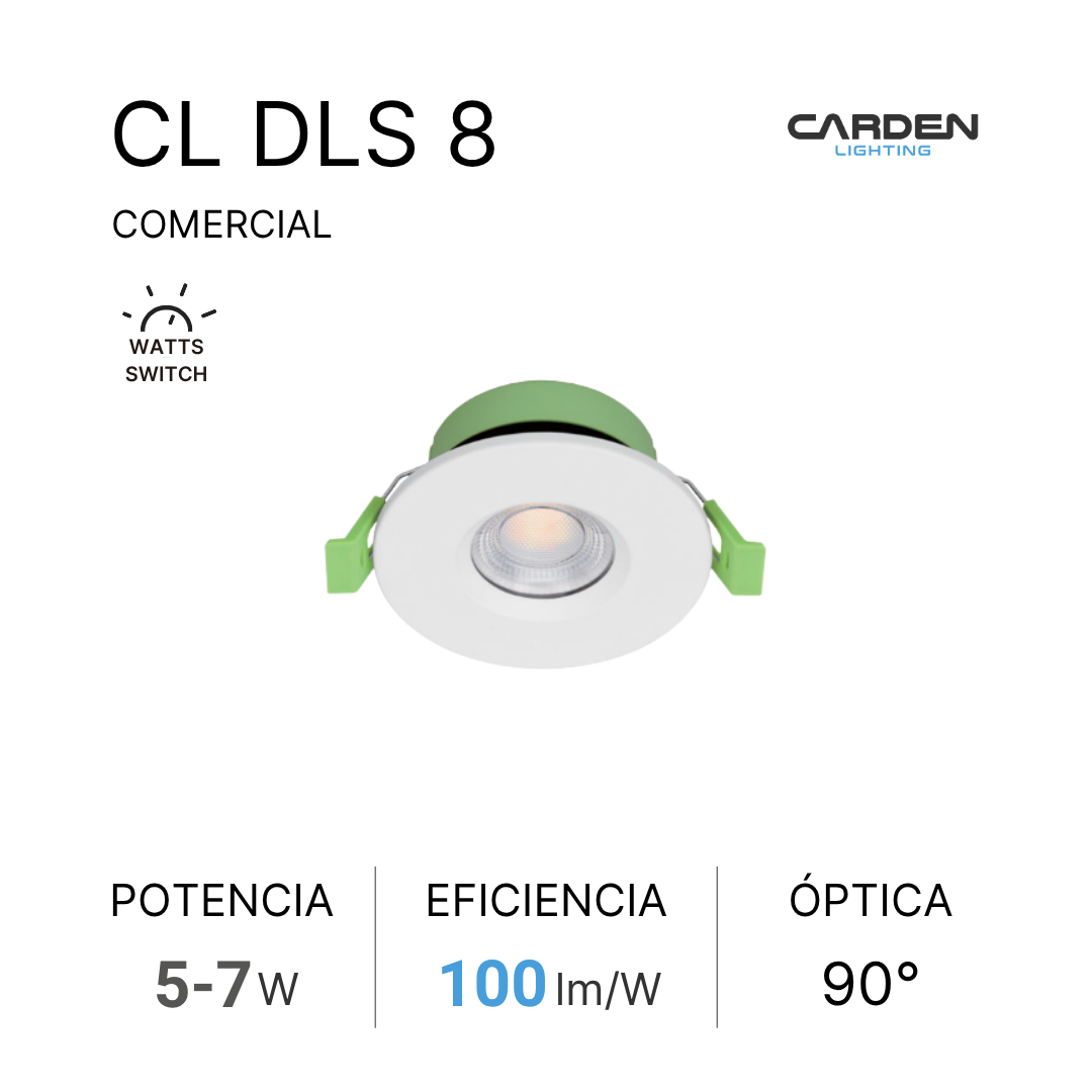 Folleto del producto de iluminación LED, modelo CL DLS 8, marca Carden Lighting, con información de potencia, eficiencia y óptica.