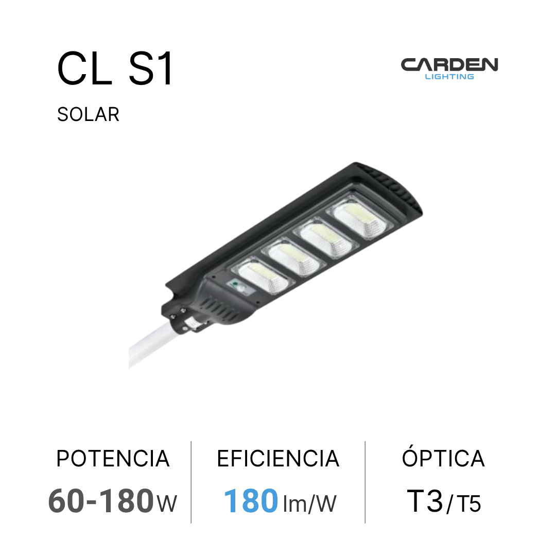 Luminaria solar LED Carden CL S todo en uno (all-in-one) para alumbrado público y vialidades, autónomo con panel monocristalino y batería LiFePO4 (de litio) con duración garantizada toda la noche. Sin canalización, cableado ni electricidad.