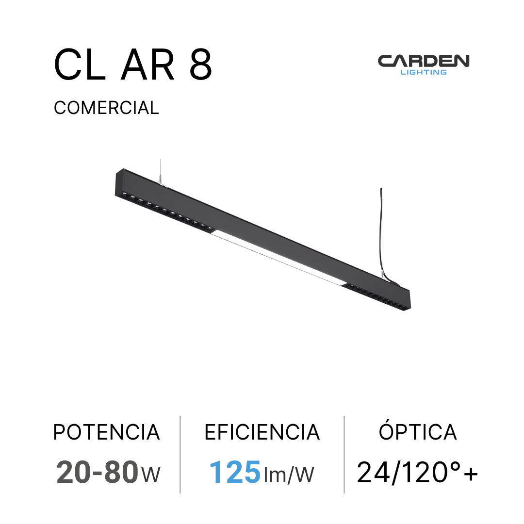 Descripción de la ficha técnica de una luminaria de commercial cárden, modelo CLAR 8, que muestra una lámpara de luz LED con potencia de 20 a 80 vatios, eficiencia de 125 lúmenes por vatio y grado óptico 24/120 grados.