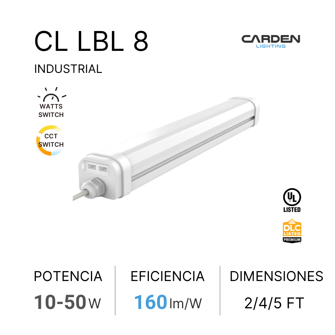 Descripción de una luminaria industrial Carden Lighting modelo CL LBL 8, en color blanco, con especificaciones de potencia, eficiencia y dimensiones, acompañado de los logotipos de UL y DLC.