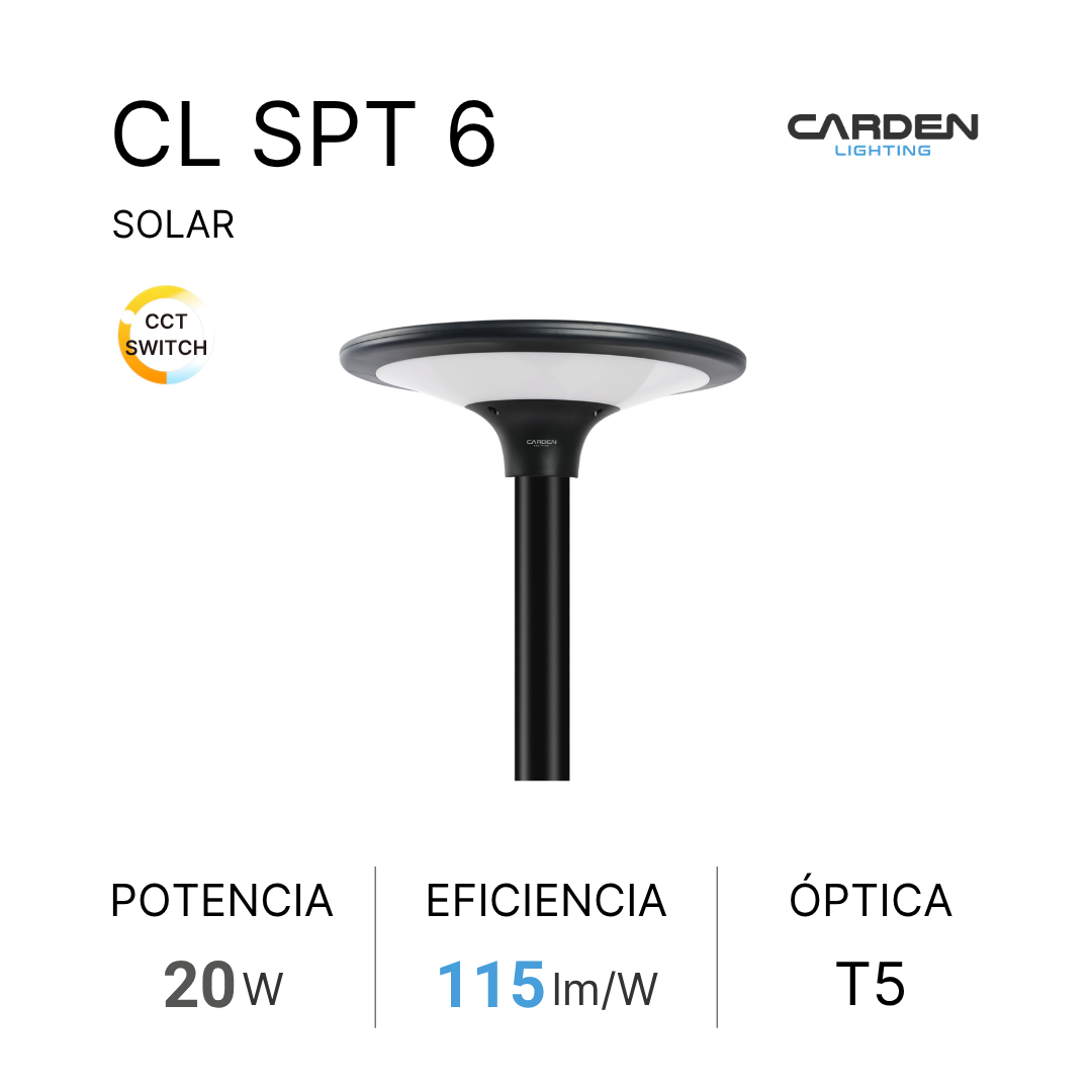 Luminaria solar punta poste LED Carden CL SPT con panel solar integrado para parques, plazas y áreas peatonales. Duración garantizada toda la noche. Sin canalización, cableado ni electricidad.