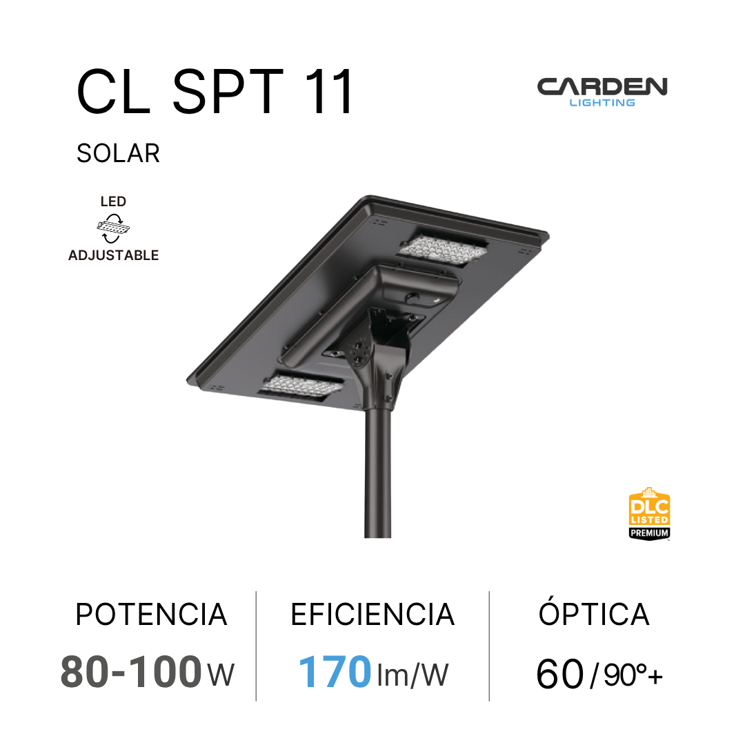 Luminaria solar punta poste LED Carden CL SPT con panel solar integrado para parques, plazas y áreas peatonales. Duración garantizada toda la noche. Sin canalización, cableado ni electricidad.
