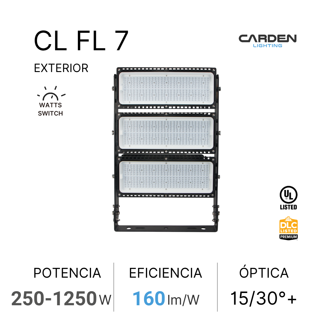 Imagen de un proyector de luz exterior de la marca Carden Lighting, modelo CL FL 7, con especificaciones técnicas como potencia de 250 a 1250 vatios, eficiencia de 160 lúmenes por vatio, y óptica de 15 a 30 grados, con logos de UL y DLC.