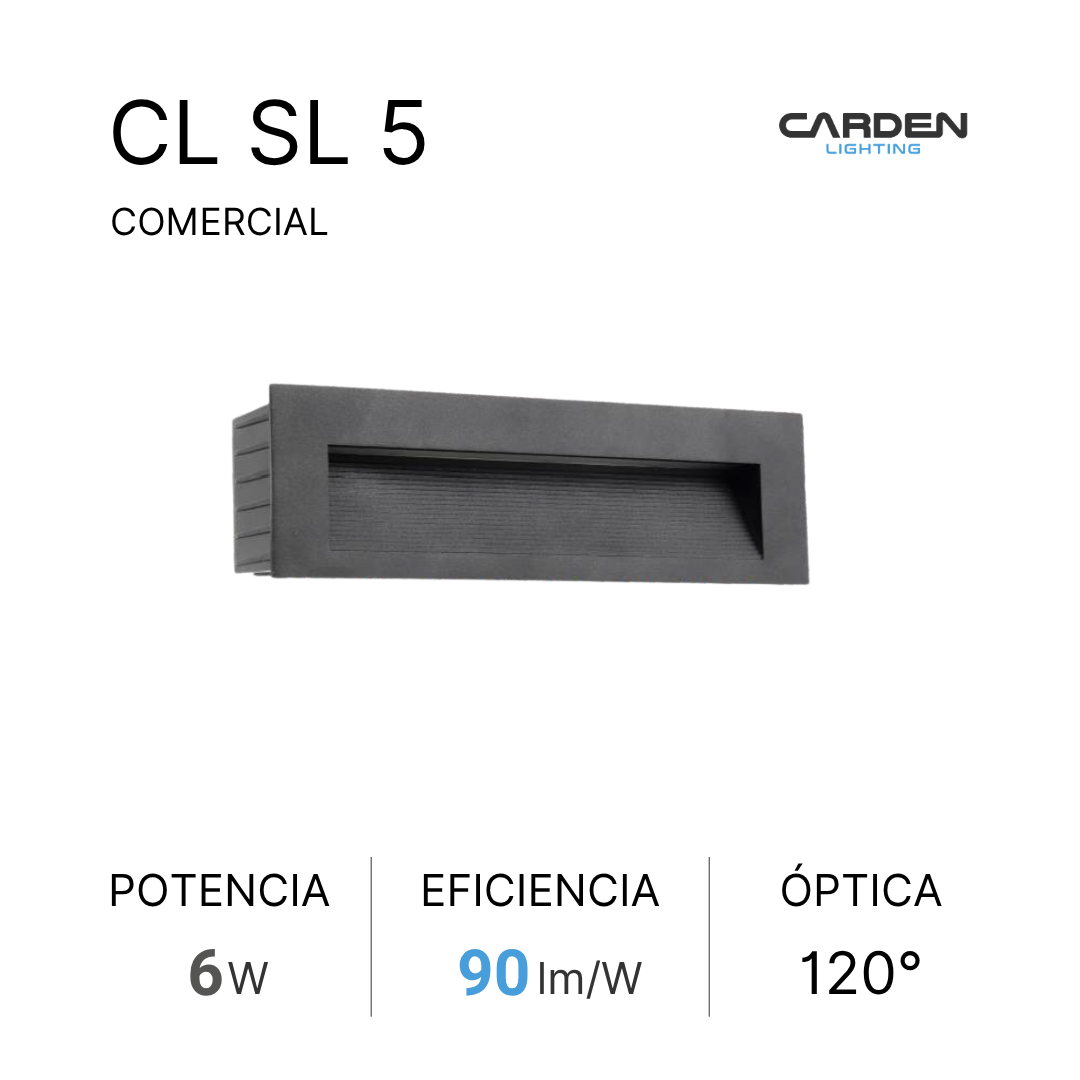 Caja de luminaria de la marca Carden Lighting, modelo CL SL 5, para uso comercial, con especificaciones de potencia 6W, eficiencia 90 lm/W y ángulo óptico de 120 grados.