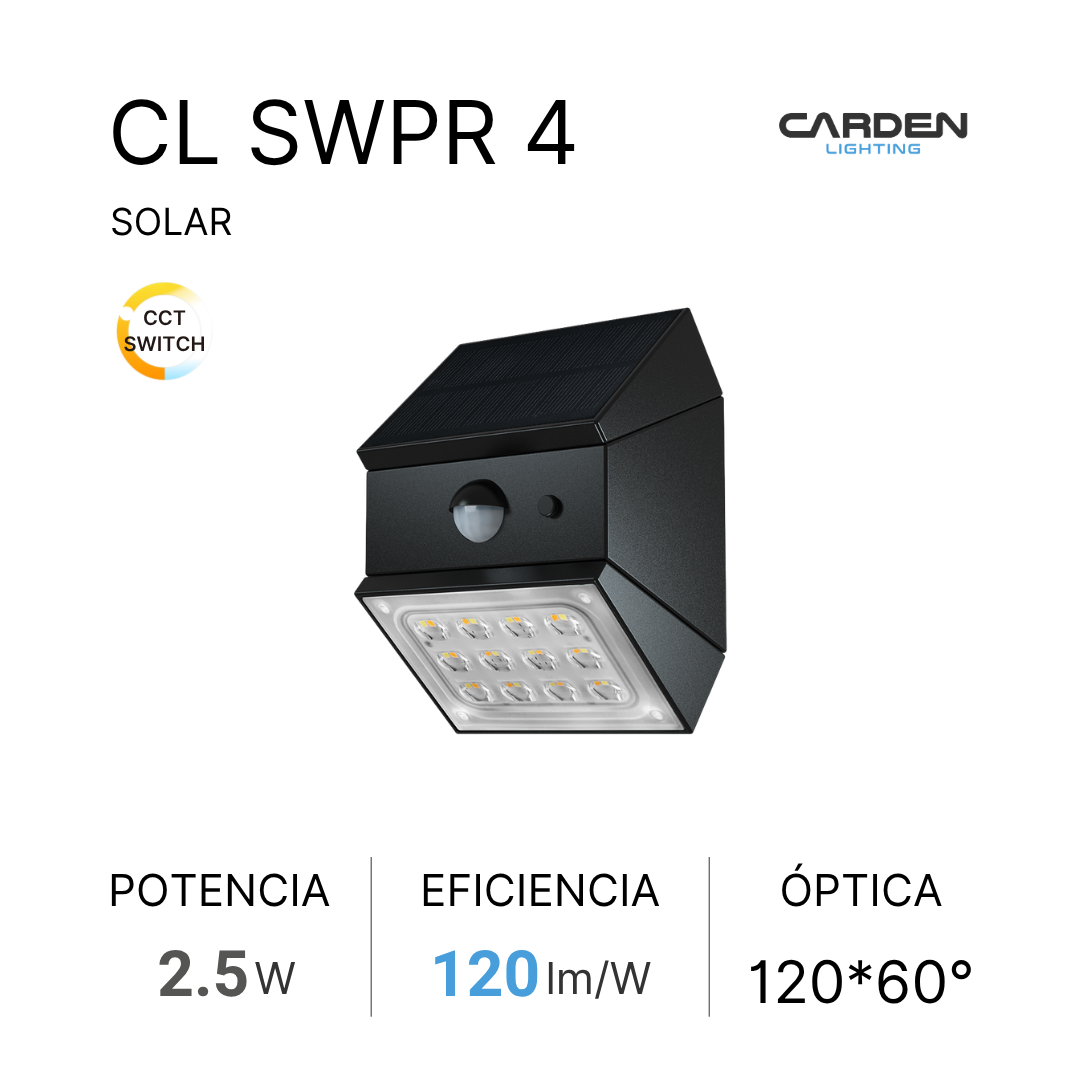 Wall pack solar LED integrado Carden CL SWP all-in-one con panel solar y sensor de movimiento en una sola pieza