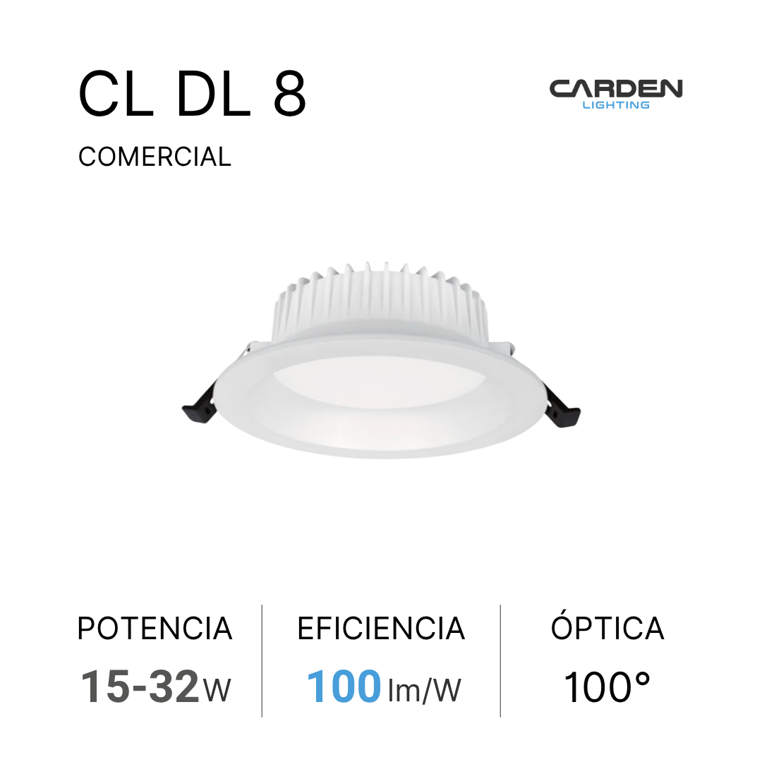 Folleto de lámpara empotrada de techo blanca con detalles en negro de la marca Carden Lighting, modelo CL DL 8, especificaciones de potencia, eficiencia y óptica.