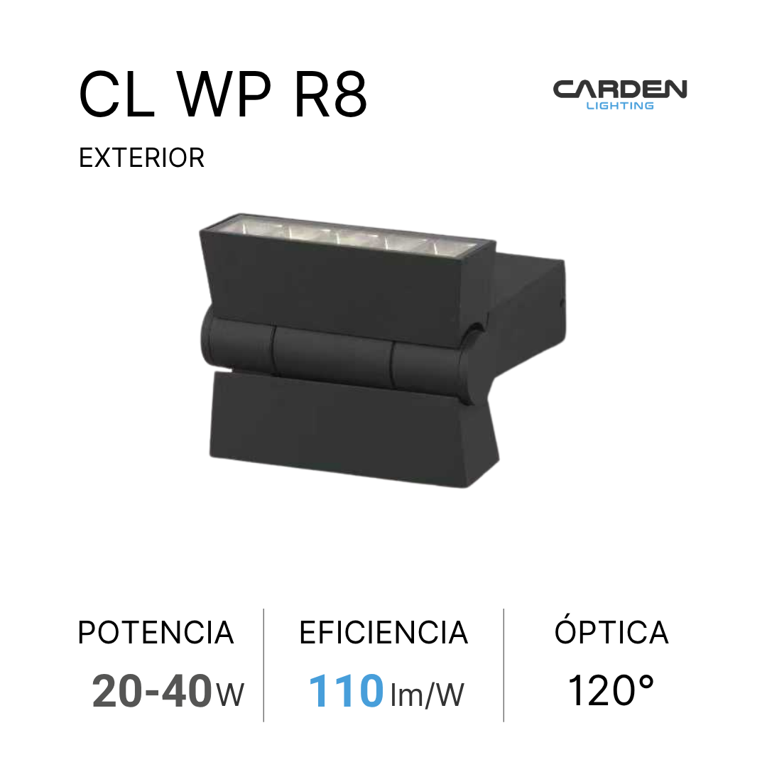 Lámpara de iluminación exterior de color negro con potencia de 20 a 40 vatios, eficiencia de 110 lúmenes por vatio, óptica de 120 grados, y marca Carden Lighting.