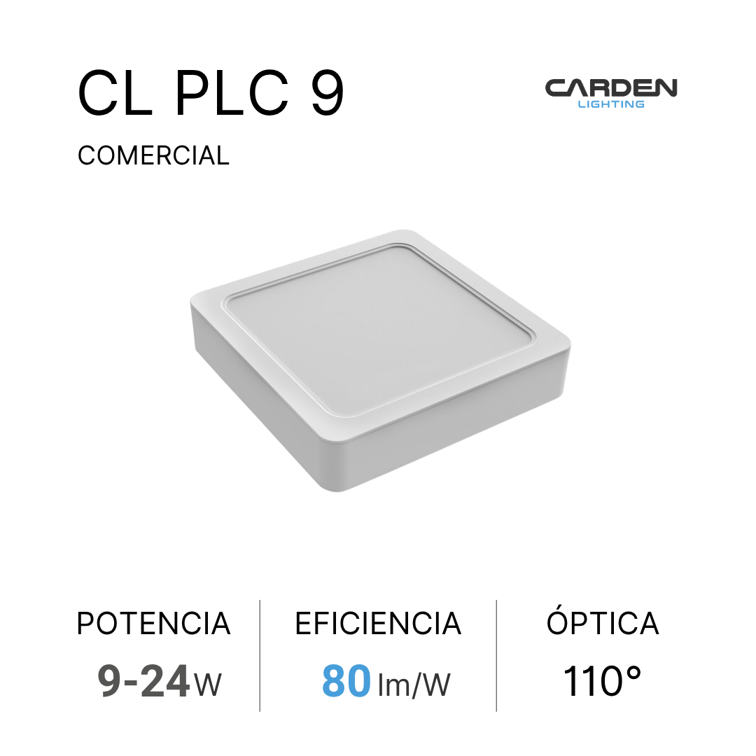 Caja de luminaria comercial modelo CL PLC 9 de la marca Carden Lighting, con especificaciones de potencia de 9 a 24 vatios, eficiencia de 80 lúmenes por vatio y ángulo óptico de 110 grados.