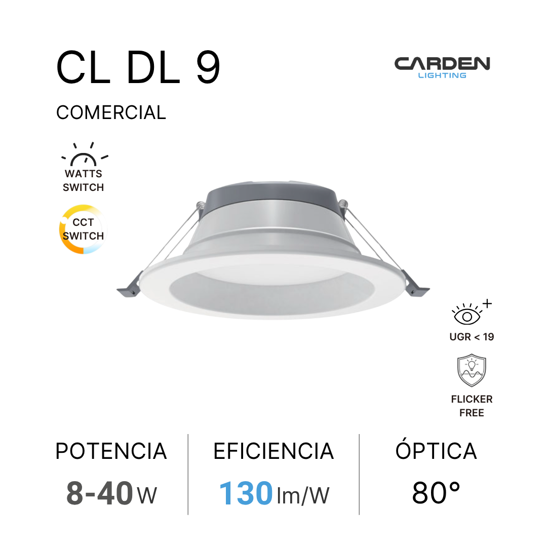 Información técnica de una luminaria de techo marca Carden Lighting, modelo CL DL 9, con especificaciones de potencia, eficiencia, óptica y funciones de control.