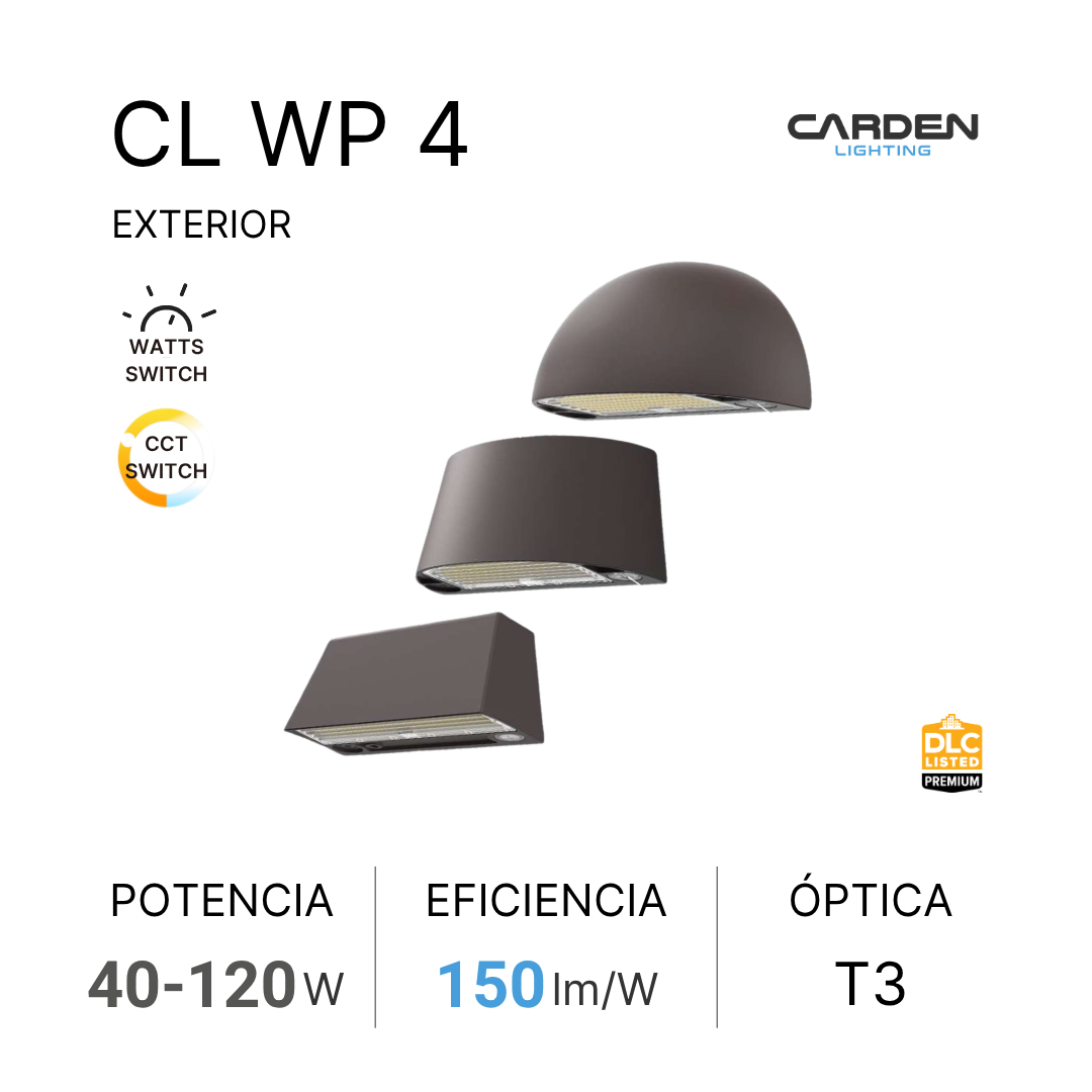 Publicidad de focos exteriores con diferentes diseños en negro, marca Carden Lighting, con información técnica incluida.