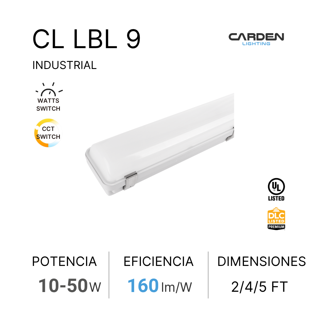 Caja de luminaria industrial Cl Lbl 9 de la marca Carden Lighting, con especificaciones de potencia, eficiencia y dimensiones, y marcas de certificación UL y DLC.