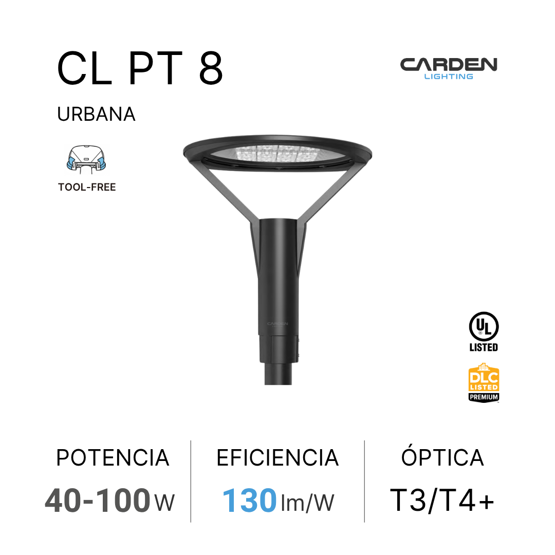 Lámpara callejera de iluminación urbana de color negro con diseño moderno. Incluye logos de certificación UL y DLC, indicando cumplimiento de estándares de calidad y eficiencia, con información técnica de potencia, eficiencia y tipo de óptica.