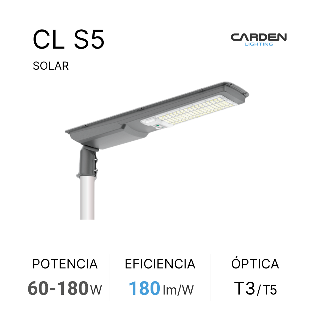 Luminaria solar LED Carden CL S todo en uno (all-in-one) para alumbrado público y vialidades, autónomo con panel monocristalino y batería LiFePO4 (de litio) con duración garantizada toda la noche. Sin canalización, cableado ni electricidad.