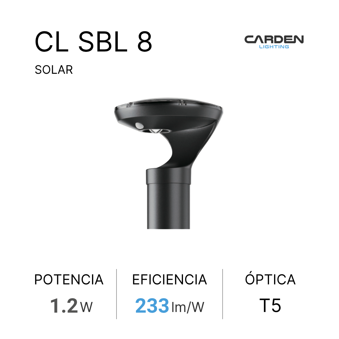 Bolardo solar LED Carden CL SBL autónomo con panel solar superior para senderos, jardines y andadores