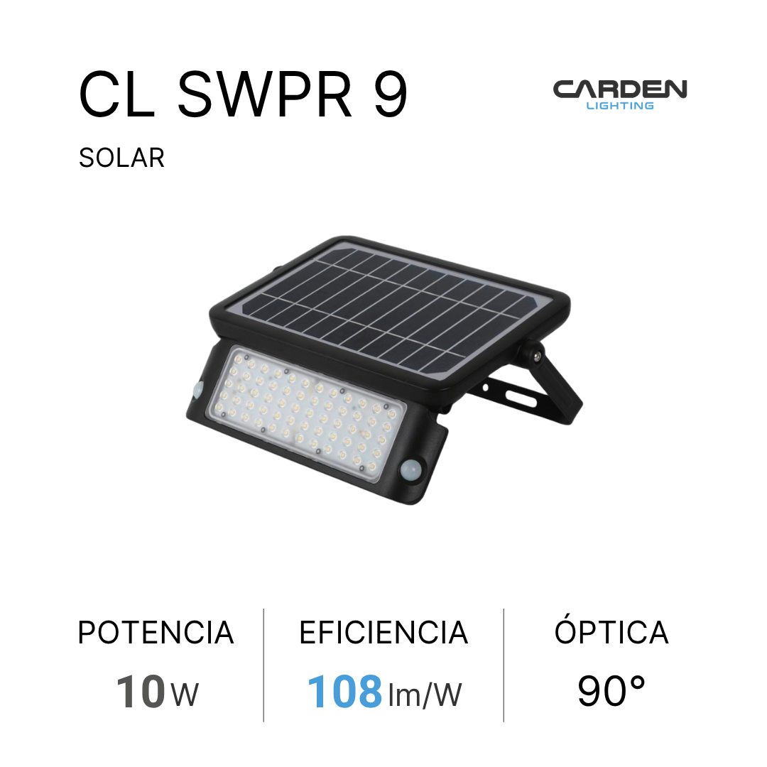 Wall pack solar LED integrado Carden CL SWP all-in-one con panel solar y sensor de movimiento en una sola pieza