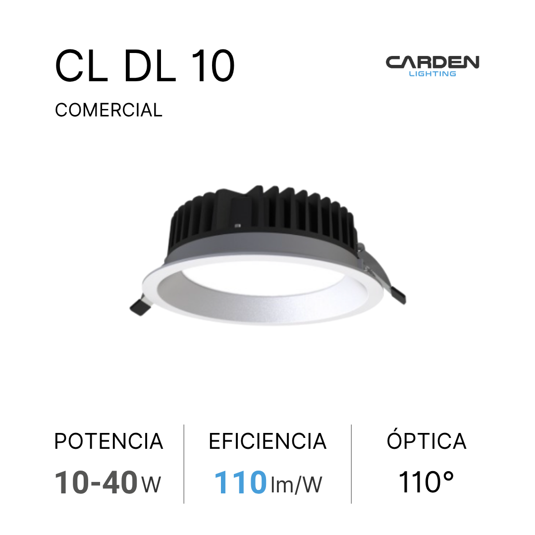 Imagen de un foco empotrable de iluminación con características técnicas y logotipo de la marca Carden Lighting.