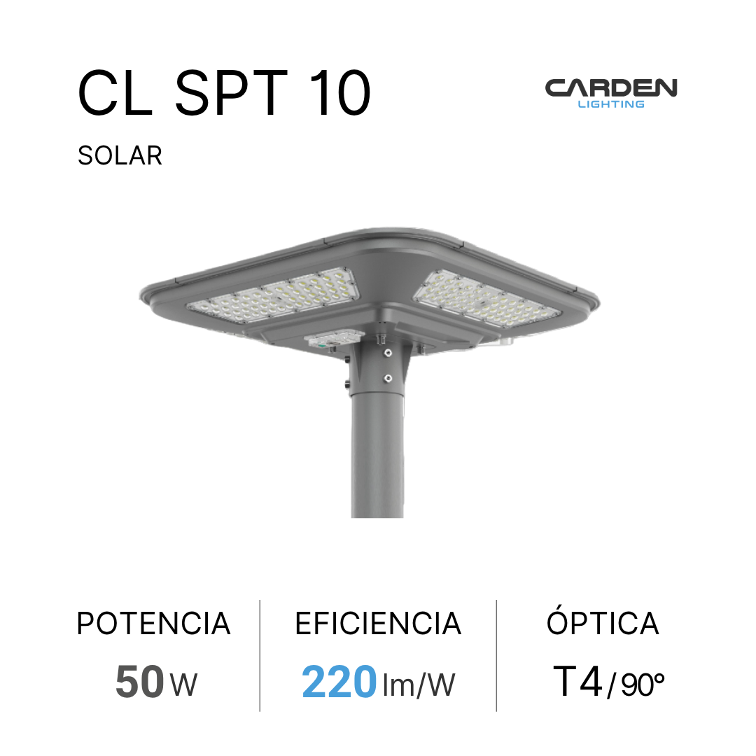 Luminaria solar punta poste LED Carden CL SPT con panel solar integrado para parques, plazas y áreas peatonales. Duración garantizada toda la noche. Sin canalización, cableado ni electricidad.