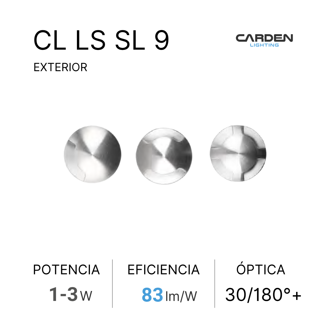 Tarjetas de lúmenes para focos exteriores marca Carden Lighting, modelos CL, LS, SL, 9, con información sobre potencia, eficiencia y óptica.