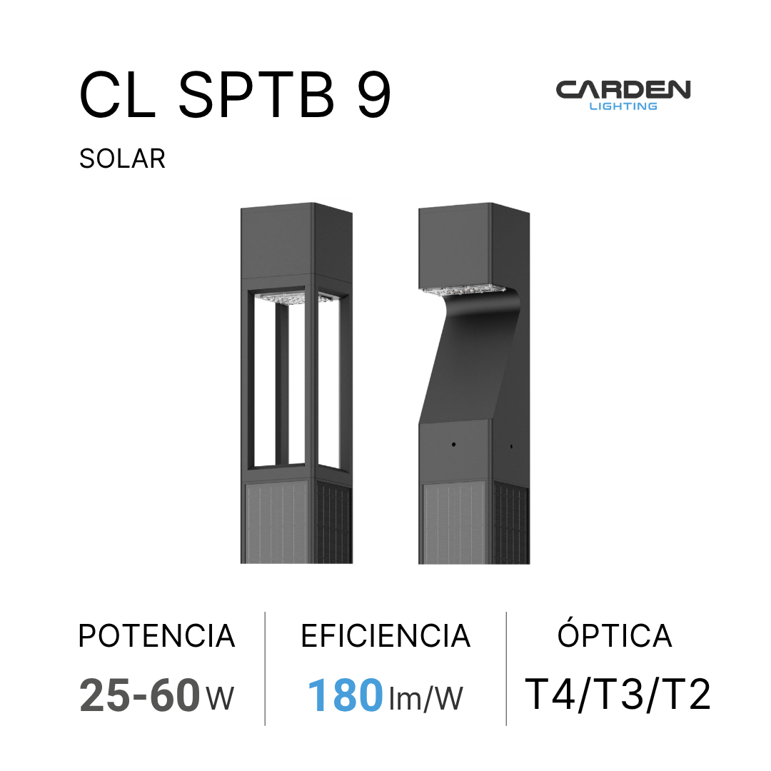 Luminaria solar LED Carden CL S todo en uno (all-in-one) para alumbrado público y vialidades, autónomo con panel monocristalino y batería LiFePO4 (de litio) con duración garantizada toda la noche. Sin canalización, cableado ni electricidad.