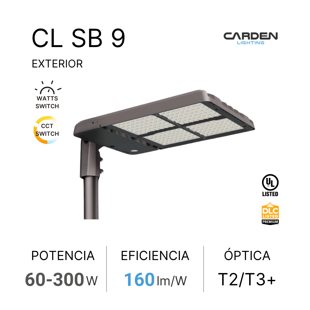 Descripción de una luminaria de calle con especificaciones técnicas y certificaciones.
