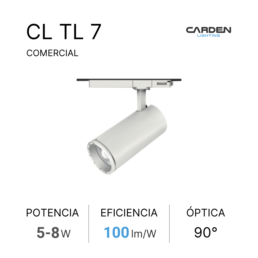 Folleto de foco de iluminación de techo comercial de la marca Carden Lighting, modelo CL TL 7, con especificaciones de potencia de 5 a 8 vatios, eficiencia de 100 lumen por vatio y ángulo óptico de 90 grados.