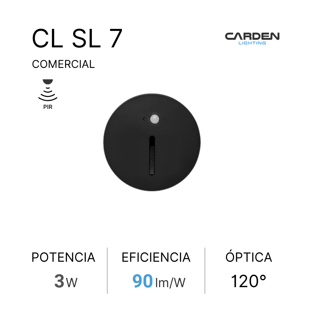 Imagen de una ficha de producto de iluminación LED con detalles en español, que incluye el modelo CL SL 7, marca Carden Lighting, potencia de 3W, eficiencia de 90 lúmenes por watt, y ángulo óptico de 120 grados.