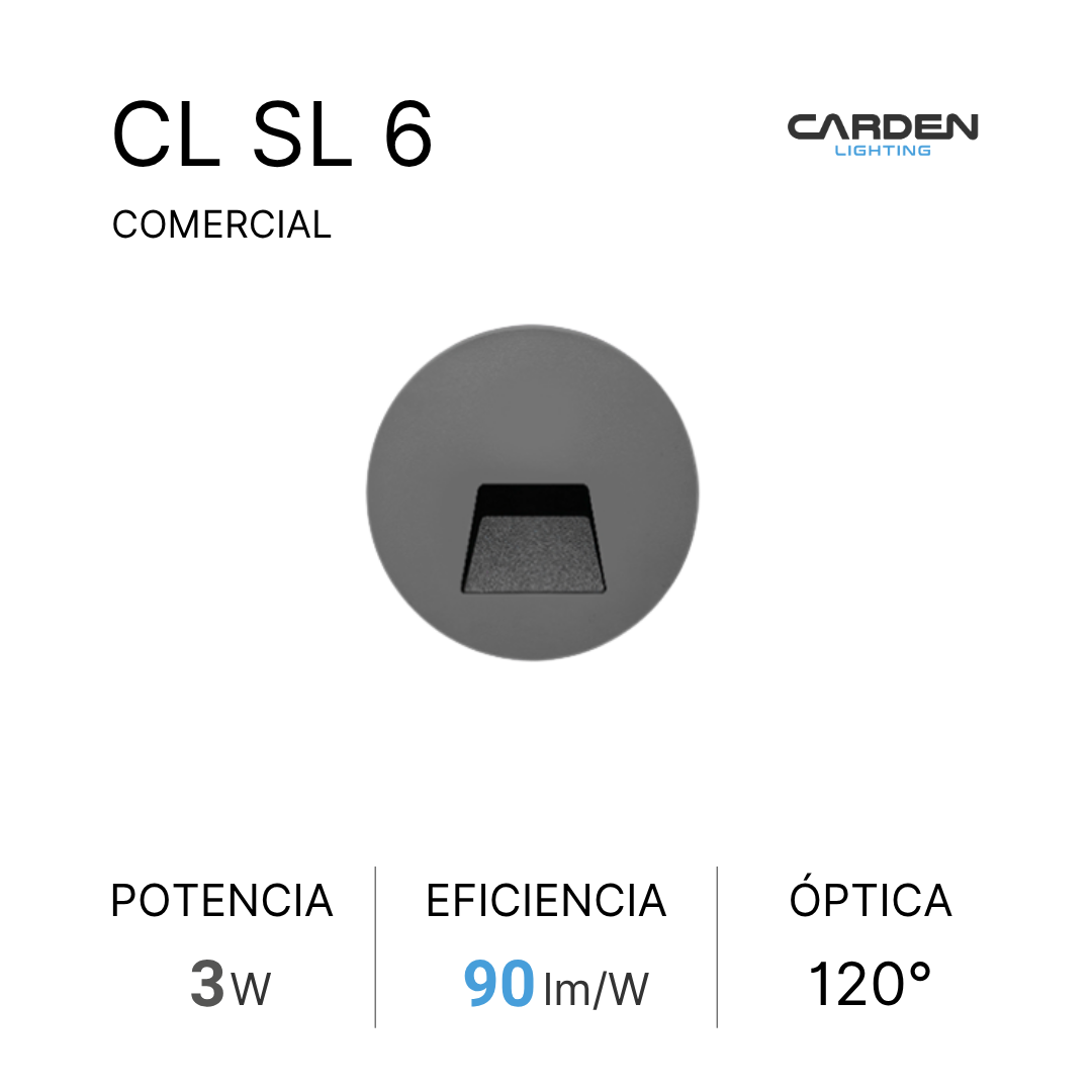Caja de luz led de color gris con logotipo de Carden Lighting. Texto que indica 'CL SL 6', 'Comercial', Potencia 3W, Eficiencia 90 lm/W, Ángulo óptico de 120 grados.