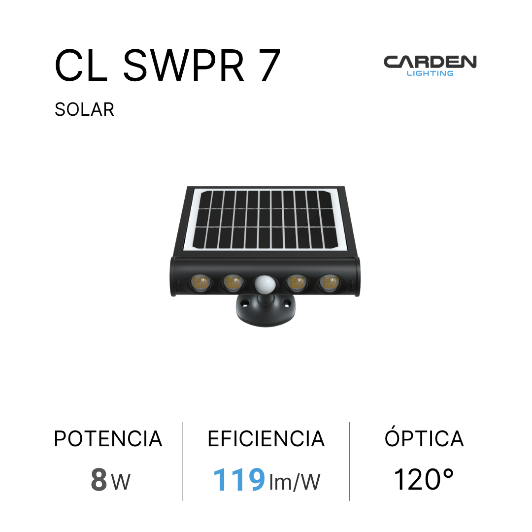 Wall pack solar LED integrado Carden CL SWP all-in-one con panel solar y sensor de movimiento en una sola pieza