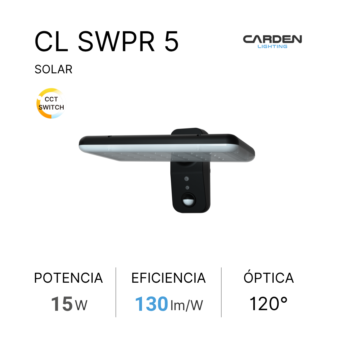 Wall pack solar LED integrado Carden CL SWP all-in-one con panel solar y sensor de movimiento en una sola pieza