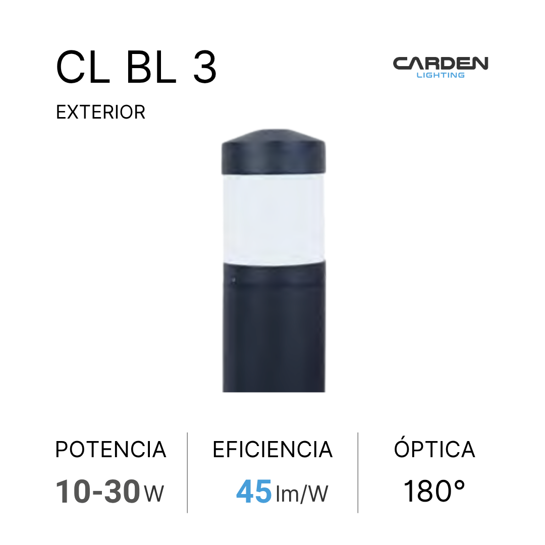 Foco solar exterior de color negro con parte translúcida, marca Carden Lighting, especificaciones de potencia de 10 a 30 vatios, eficiencia de 45 lm/W, ángulo óptico de 180 grados.