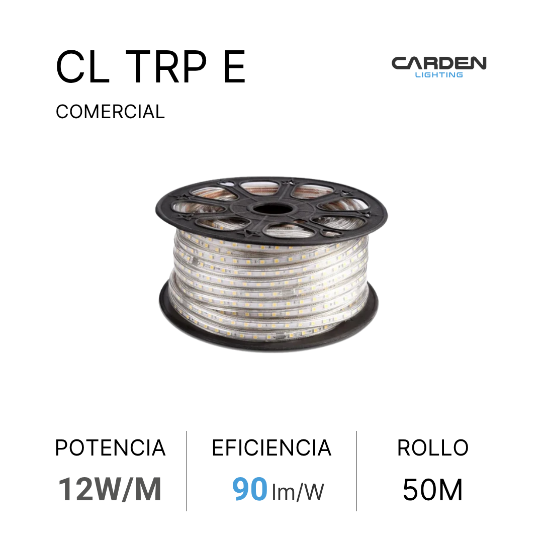 Rollo de tira de luces LED blancas en una caja negra, con información de potencia, eficiencia y duración de 50 metros.