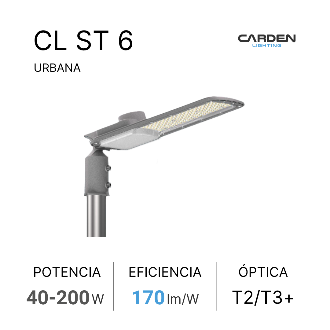 Luminaria urbana LED Carden CL ST con óptica vial y compatibilidad de fotoceldas alumbrado público de avenidas y carreteras, alta eificiencia lm/W, menor consumo de energía,