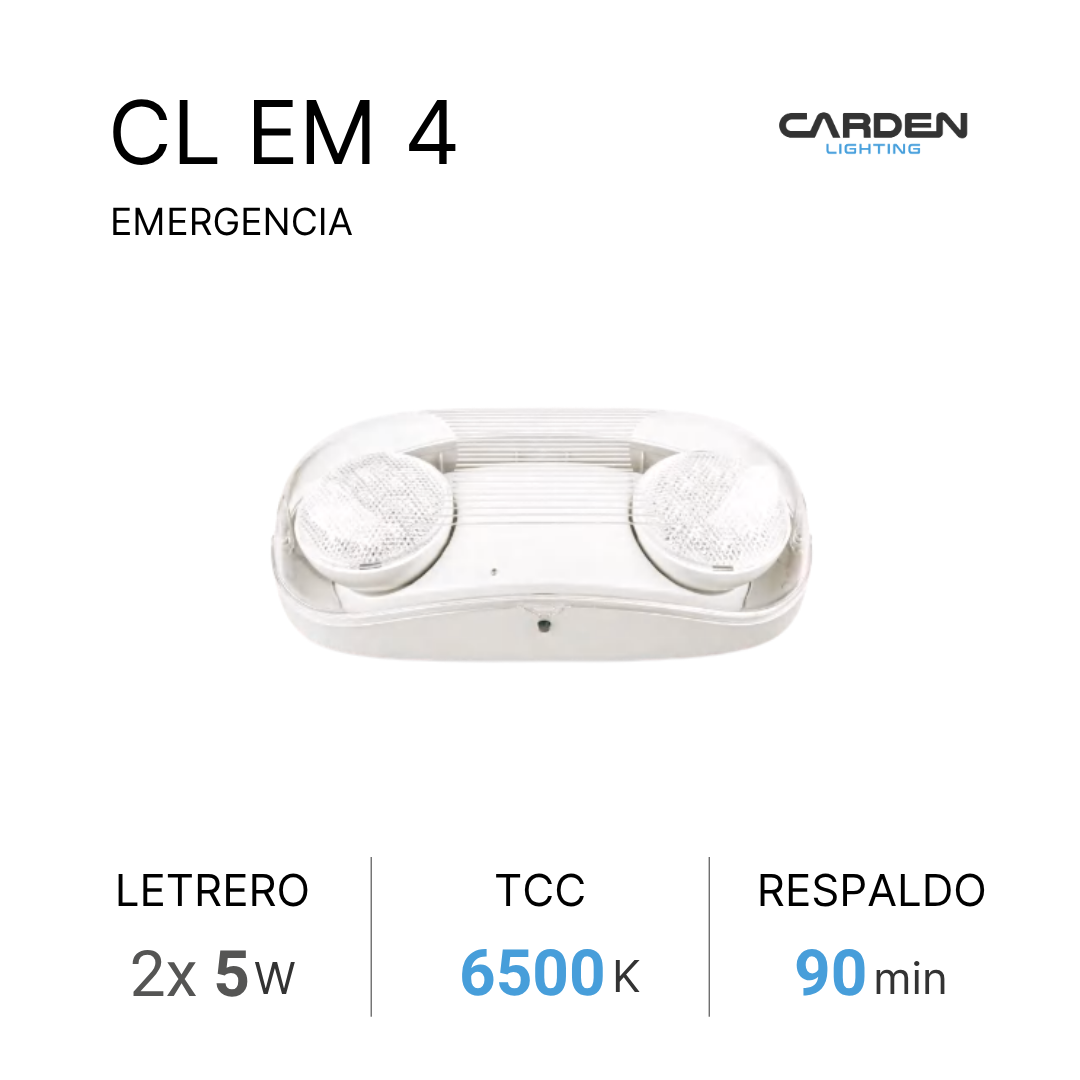 Título que dice 'CL EM 4 EMERGENCIA' y logotipo de Carden Lighting. Imagen de una luz de emergencia blanca con dos focos y un respaldo, indicando 2 focos de 5W, TCC de 6500K, respaldo de 90 minutos.