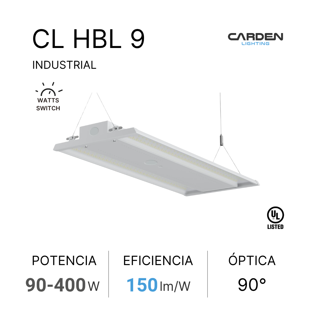 Lámpara industrial LED blanca suspendida con especificaciones técnicas, logotipo de Carden Lighting, y certificación UL.