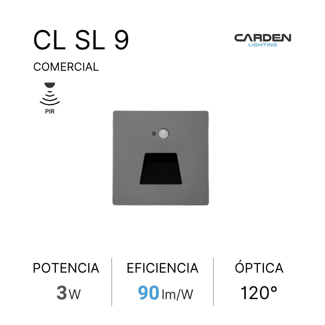 Tarjeta de luz de estilo industrial con información de producto, incluyendo imagen de una ficha eléctrica, logos de marcas y datos técnicos.