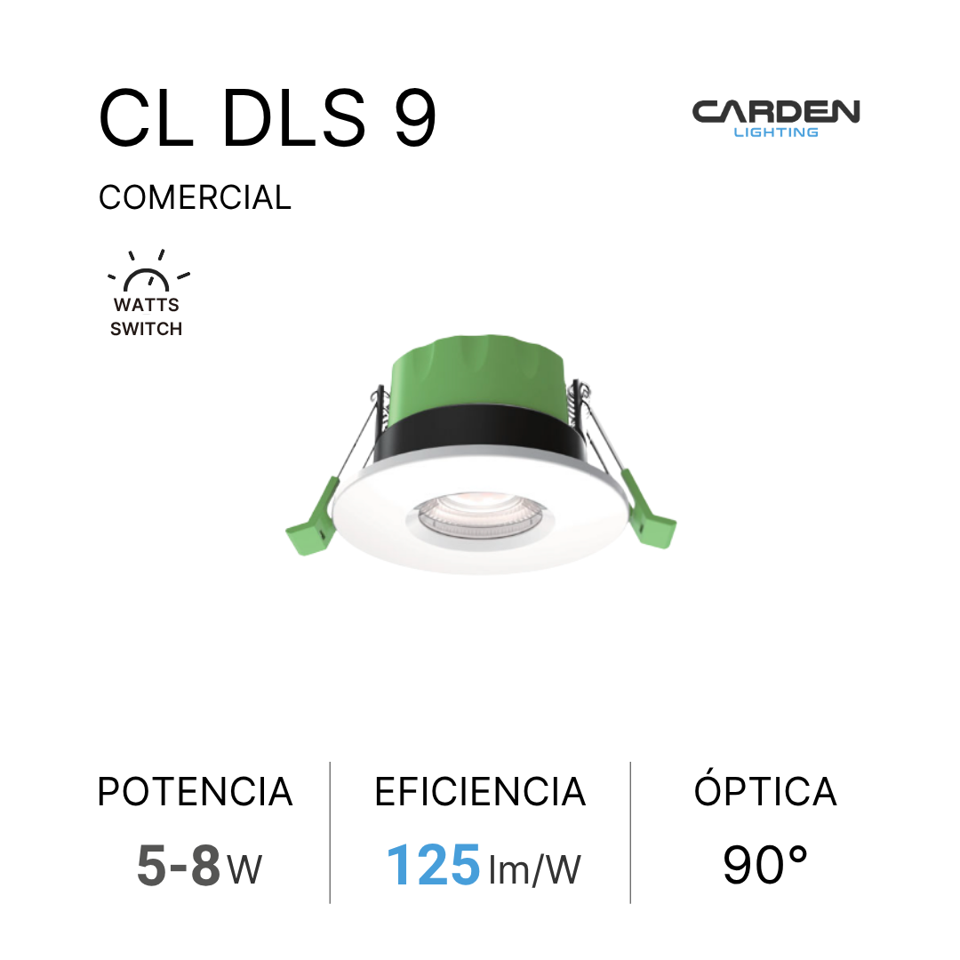 Fotografía de una lámpara empotrada de iluminación comercial, modelo CL DLS 9, con detalles técnicos de potencia entre 5 y 8 vatios, eficiencia de 125 lumens por watt, y un ángulo óptico de 90 grados.