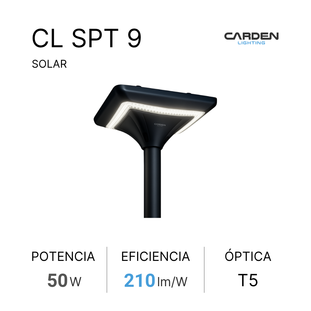 Luminaria solar punta poste LED Carden CL SPT con panel solar integrado para parques, plazas y áreas peatonales. Duración garantizada toda la noche. Sin canalización, cableado ni electricidad.