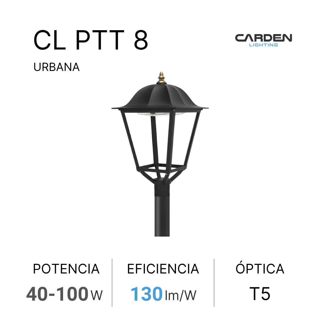 Lámpara de calle urbana de color negro con base metálica y techo con decoración dorada, en la imagen se observan datos técnicos del producto, como potencia, eficiencia y tipo de óptica.
