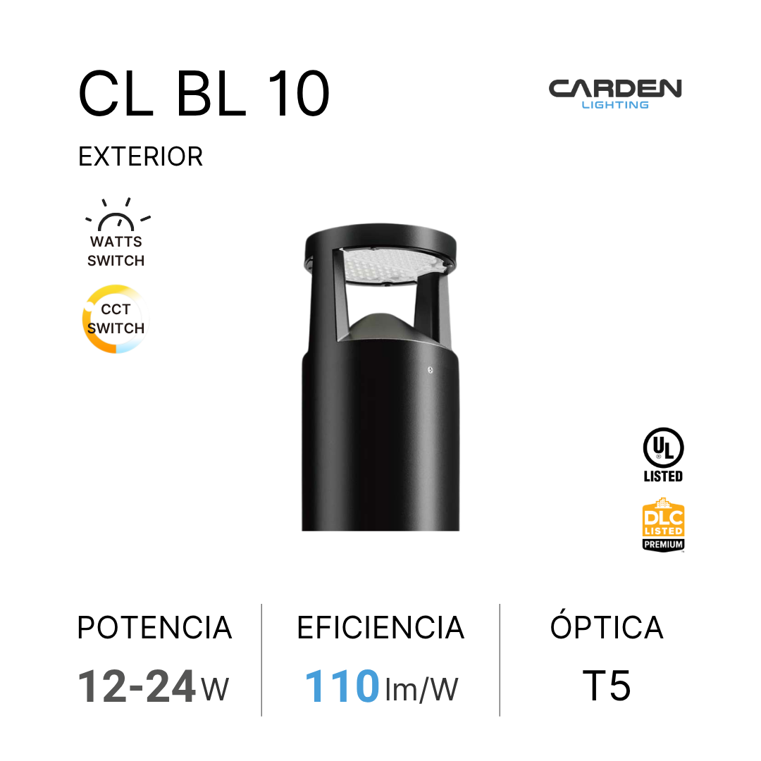 Folleto de iluminación exterior con lámpara de pie negra, marca Carden Lighting, modelo CL BL 10. Incluye información sobre interruptores de potencia y CCT, con detalles técnicos de potencia entre 12 y 24 vatios, eficiencia de 110 lúmenes por vatio, y óptica T5.