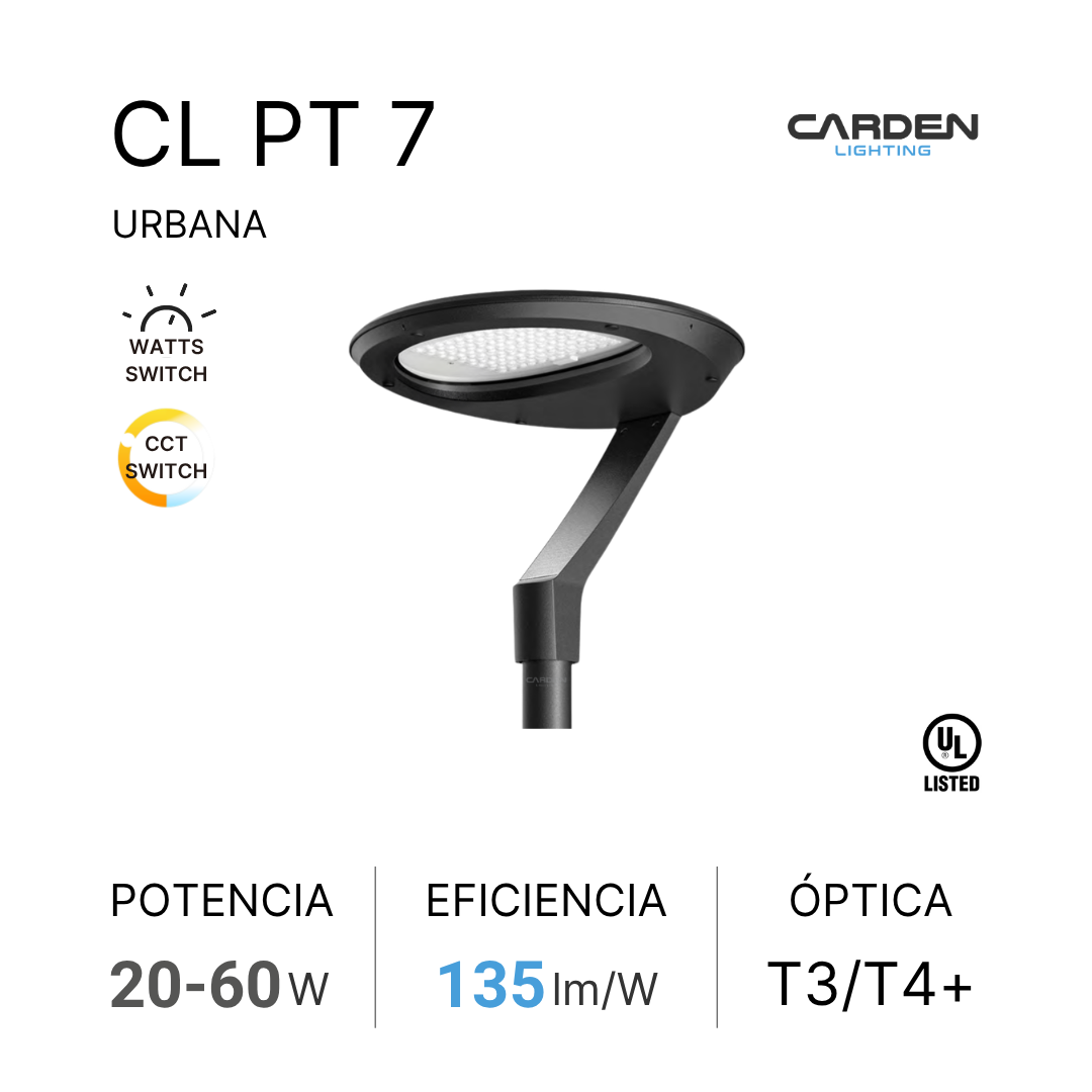 Fachada con información y fotografía de un luminaire urbano de la marca Carden Lighting, modelo CL PT 7, con capacidad de potencia entre 20 y 60 vatios, eficiencia de 135 lúmenes por vatio, y óptica T3/T4+