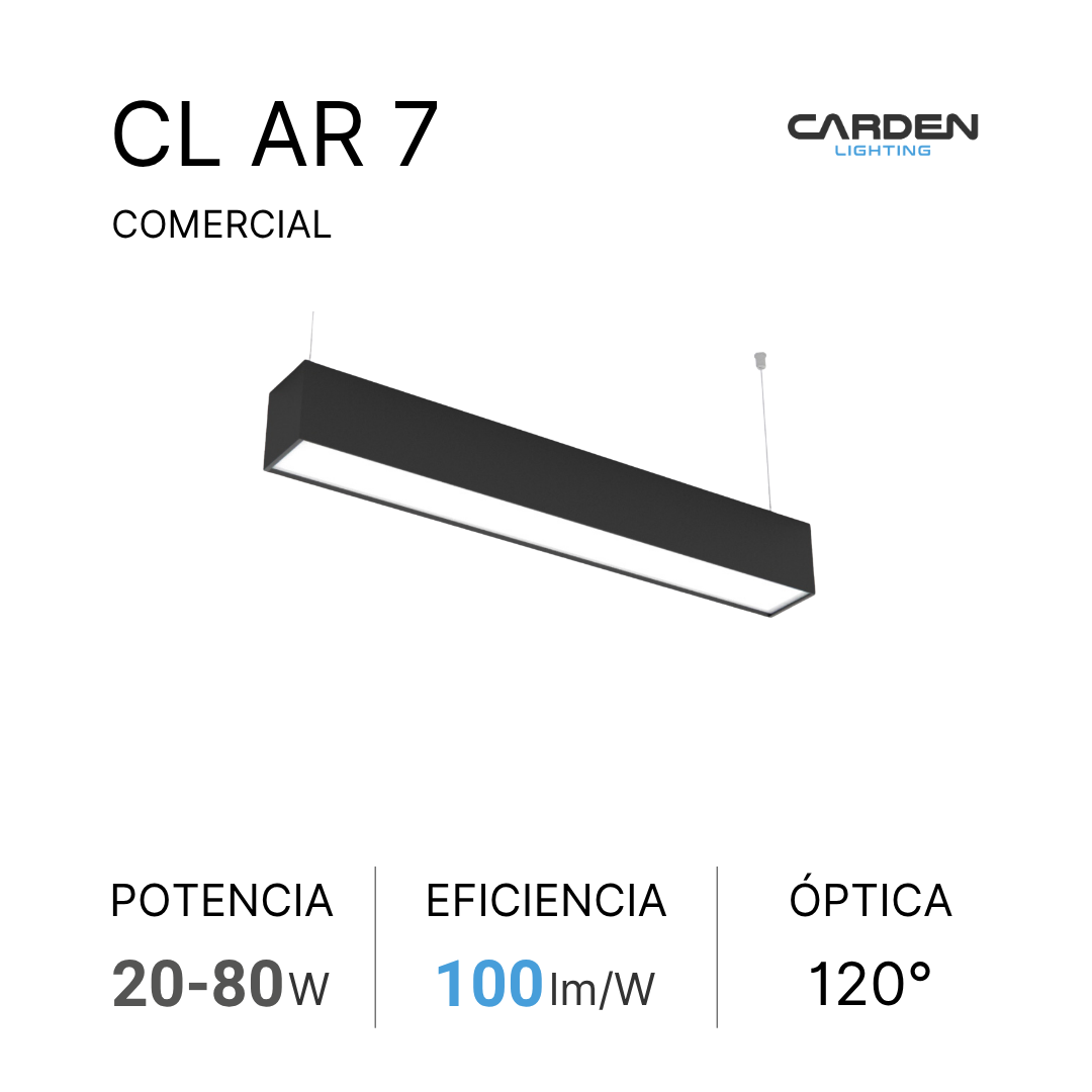 Lámpara de iluminación comercial modelo CL AR 7 de la marca Carden Lighting, en color negro, con potencia entre 20 y 80 vatios, eficiencia de 100 lúmenes por vatio y ángulo óptico de 120 grados.