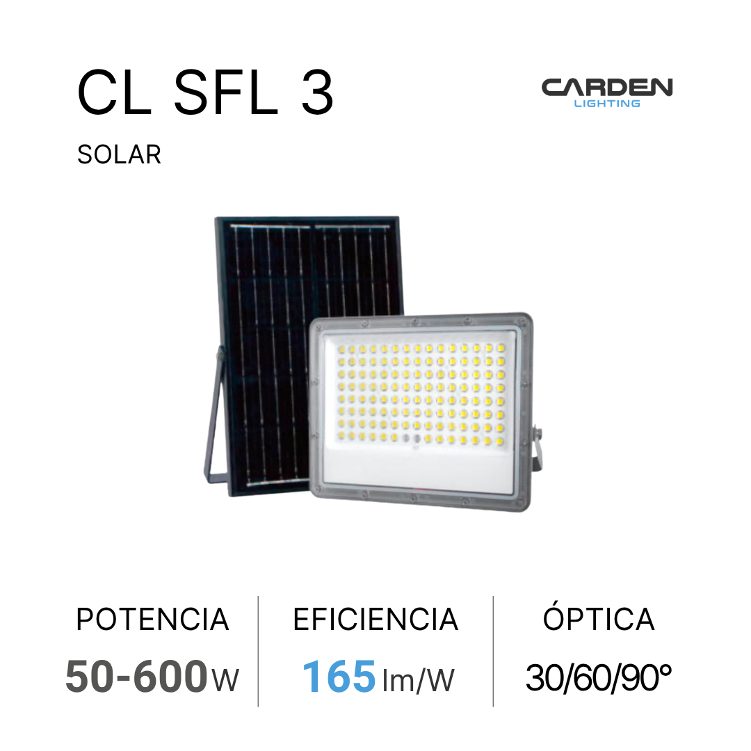 Reflector solar LED Carden CL SFL para iluminación de áreas amplias y canchas deportivas sin red eléctrica
