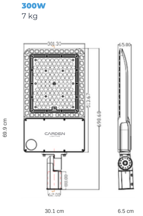 Diagrama técnico de una luminaria LED de 300W con dimensiones y especificaciones, incluyendo altura de 69.9 cm y ancho de 30.1 cm.